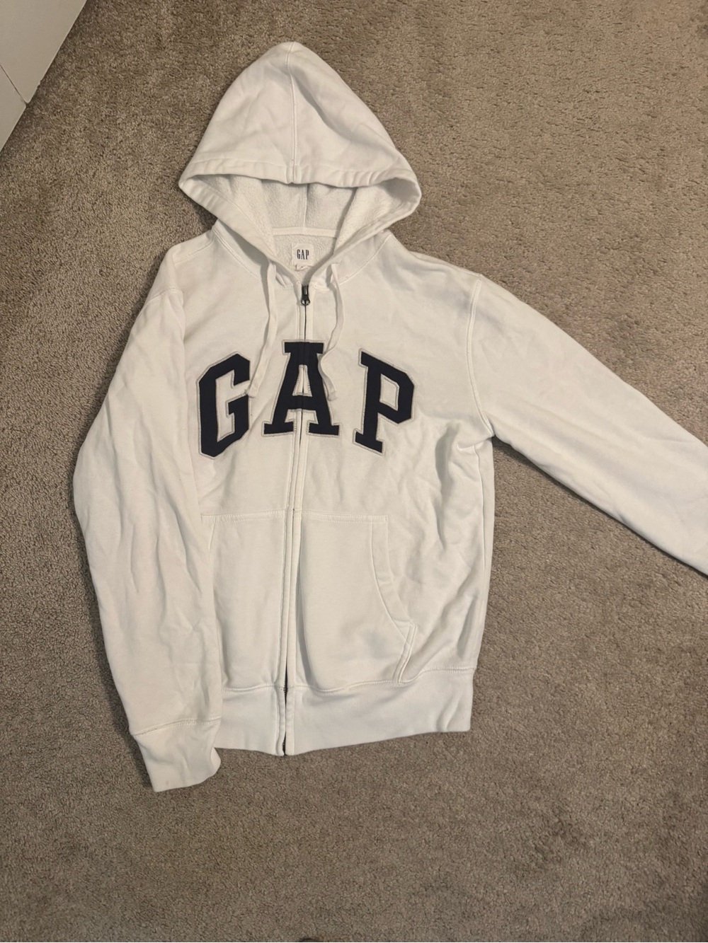GAP White Hoodie Zip-Up with Navy Lettering